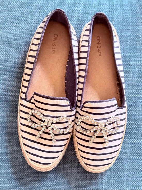 ON 34th Shoes - Striped Navy and White Slip-On Espadrilles with Crystal Bow
